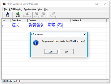 Windows NPort Driver Manager - COM-Port aktivieren