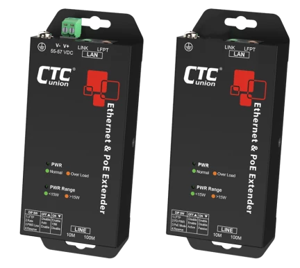 Ethernet und PoE Extender IEXT-101-Ph verfügt über 10/100 Base-TX LAN, UTP Anschlüsse, bis 30 Watt PoE, bis 800 m Signalweg