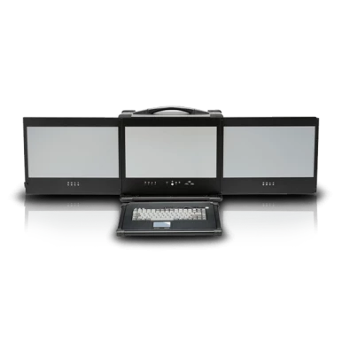 Robustes Gehäuse für portable Workstations mit drei Bildschirmen